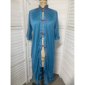 Vintage Aqua Nylon Full Length Robe Chinese Asian Theme X-Large